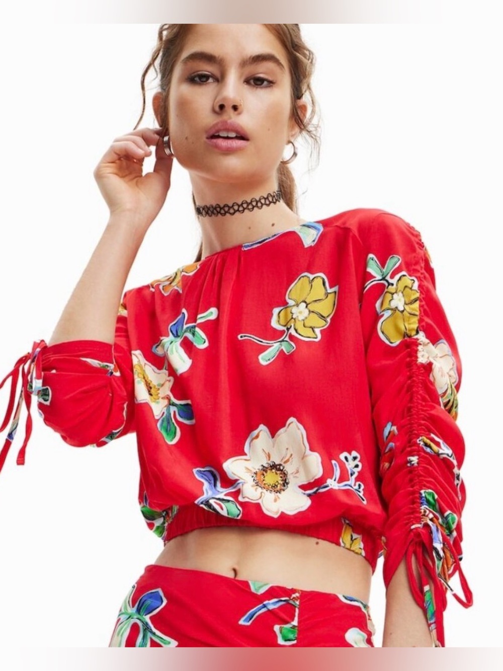 NWT Desigual  red floral top long sleeve size large.